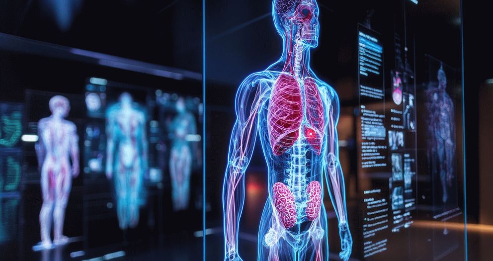 Digital rendering of a human anatomical model displaying internal organs, with anatomical diagrams and data on screens in the background